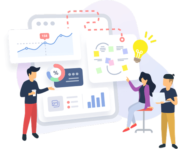 Vision and mission illustration showing people analyzing data and charts
